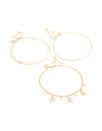 Gold Shell & Star Fish  Anklets 3-Pack - link has visual effect only