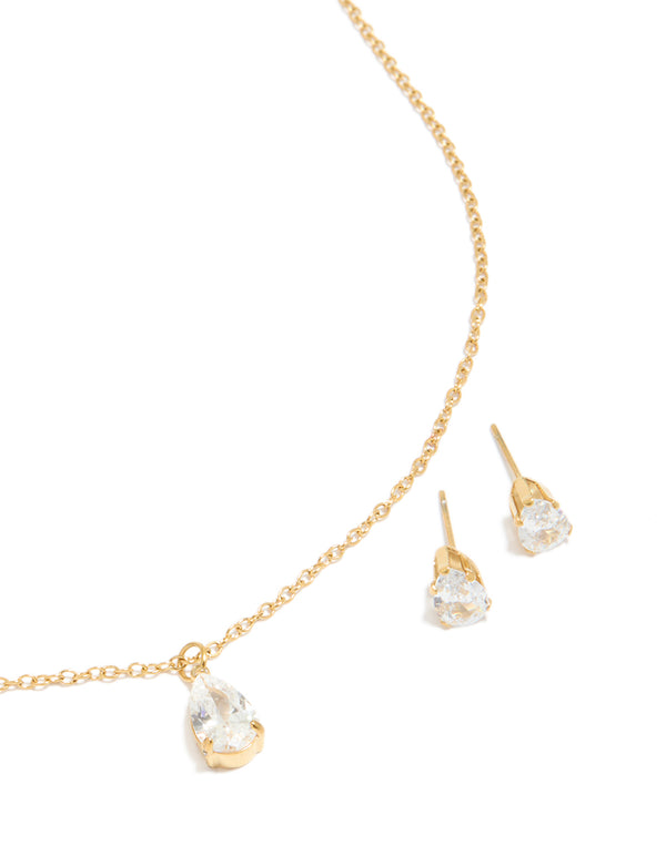 Waterproof Gold Plated Stainless Steel Cubic Zirconia Pear Necklace & Earrings Set