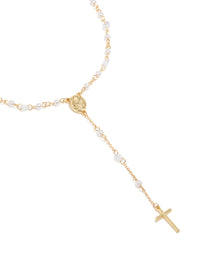 Beautifully crafted rosary necklace with cross, pearl and cubic zirconia, in gold plated close up view - link has visual effect only