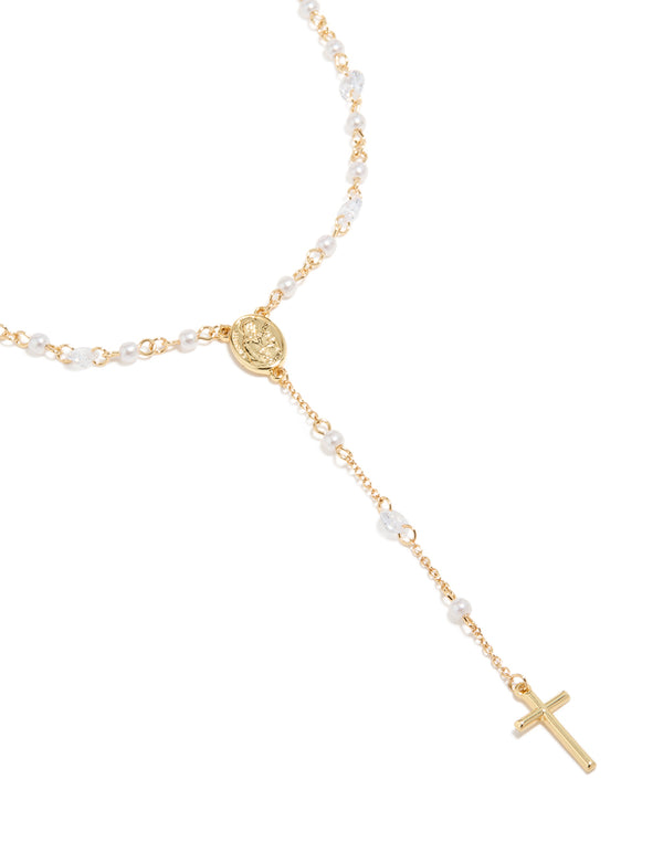 Beautifully crafted rosary necklace with cross, pearl and cubic zirconia, in gold plated close up view
