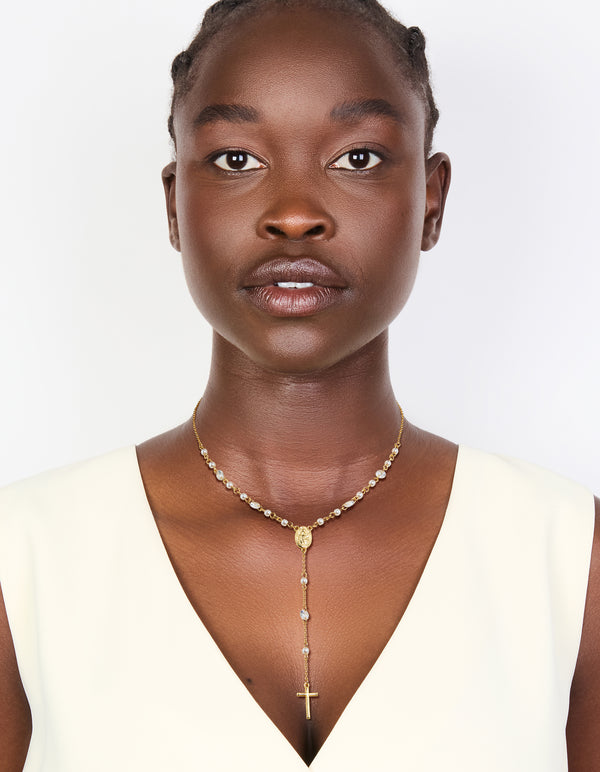 Gold Plated Cubic Zirconia & Pearl Rosary Necklace