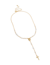 Showcasing rosary necklace featuring cross, pearl and cubic zirconia, crafted from gold plated front view - link has visual effect only