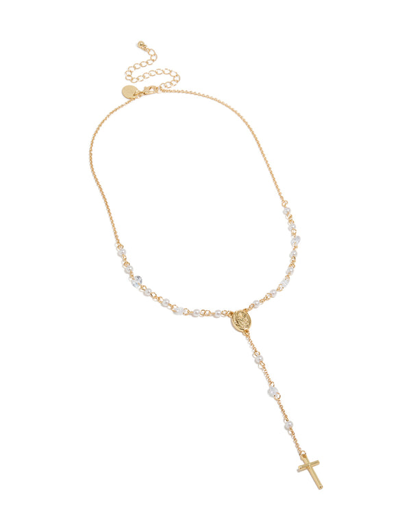 Showcasing rosary necklace featuring cross, pearl and cubic zirconia, crafted from gold plated front view