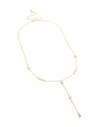 Displaying a gold plated cubic zirconia bezel set cross rosary necklace in statement style front view - link has visual effect only