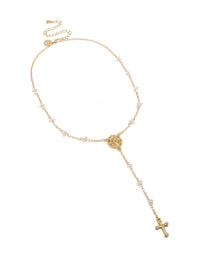 Featuring a gold plated dainty semi precious stone chip rosary necklace with beaded and cross in statement style front view - link has visual effect only