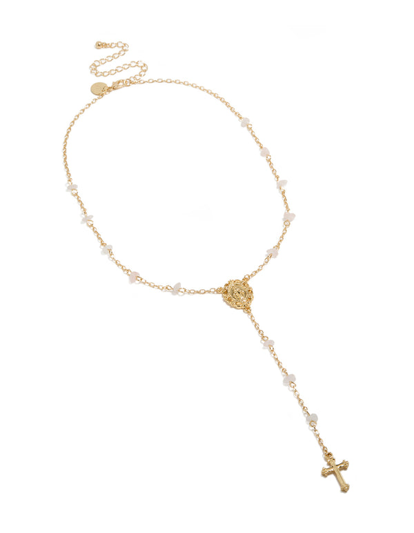 Featuring a gold plated dainty semi precious stone chip rosary necklace with beaded and cross in statement style front view