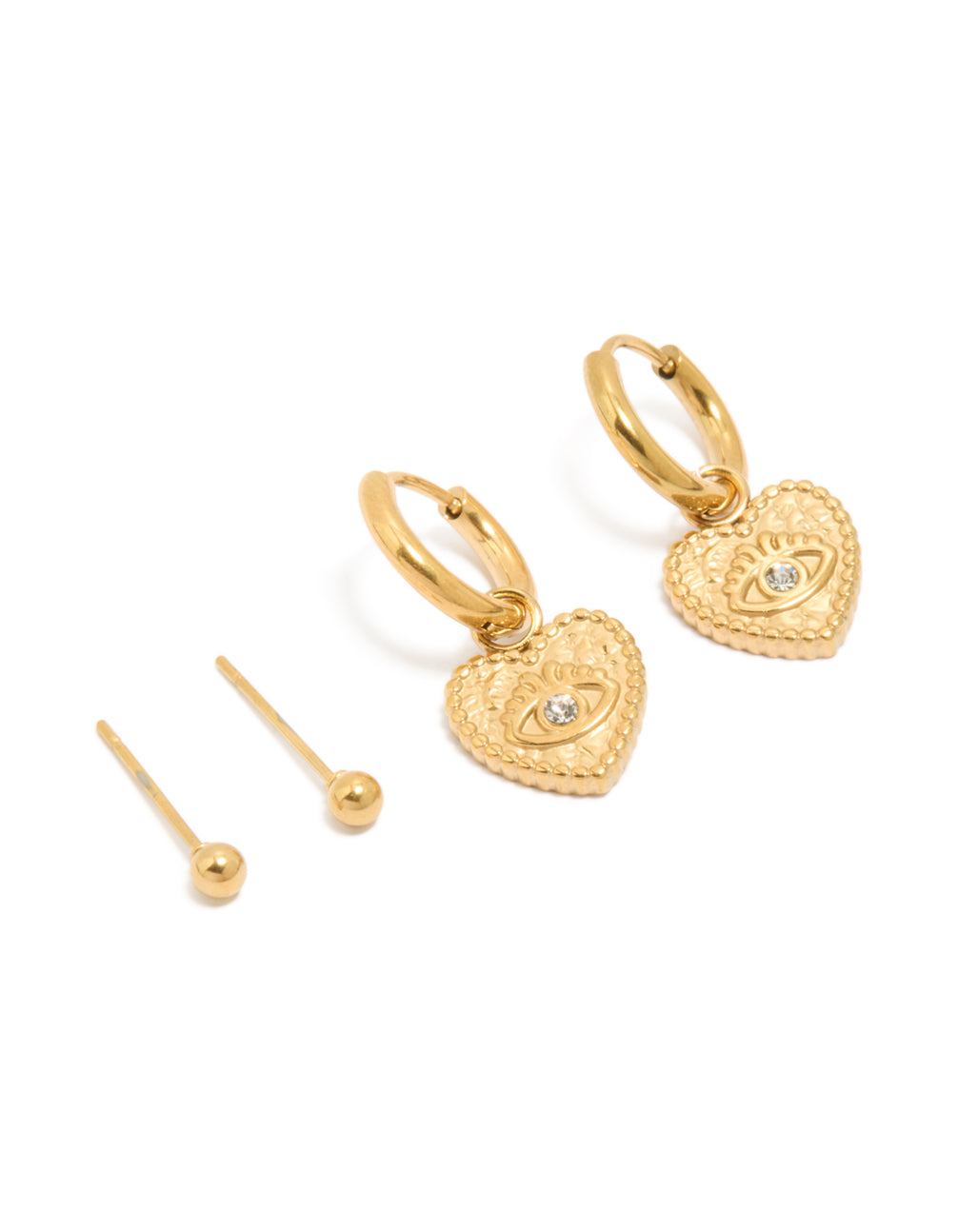 Showcasing waterproof gold plated stainless steel heart evil eye huggie and ball stud earrings in a 2-pack front view