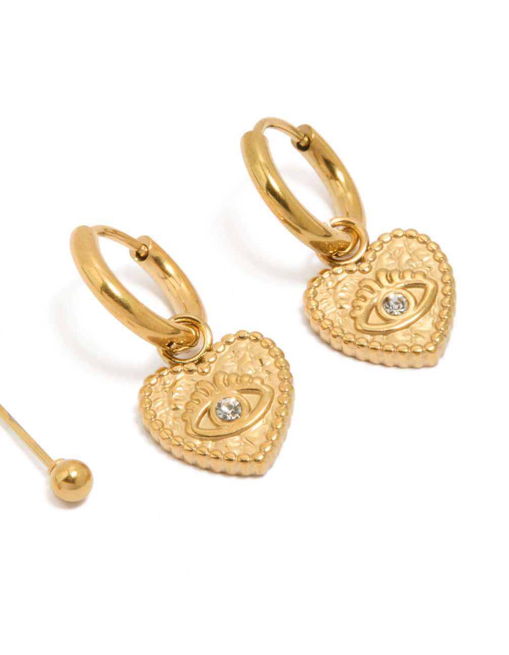 Presenting waterproof gold plated stainless steel heart evil eye huggie and ball stud earrings in a 2-pack post detail view