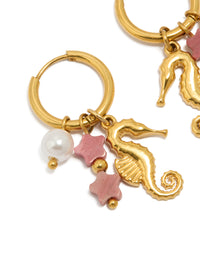Waterproof Gold Plated Stainless Steel Seahorse Pearl Charm Huggie Earrings - link has visual effect only