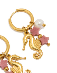 Waterproof Gold Plated Stainless Steel Seahorse Pearl Charm Huggie Earrings - link has visual effect only