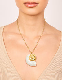 Featuring a waterproof gold plated stainless steel oversized shell pendant necklace in ivory detail on neck view - link has visual effect only