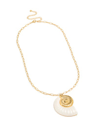 Presenting a waterproof gold plated stainless steel oversized shell pendant necklace in ivory detail front view - link has visual effect only
