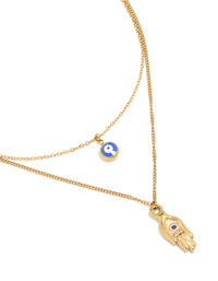 Beautifully designed waterproof layered necklace featuring hamsa hand and evil eye crafted from gold plated stainless steel close up view - link has visual effect only