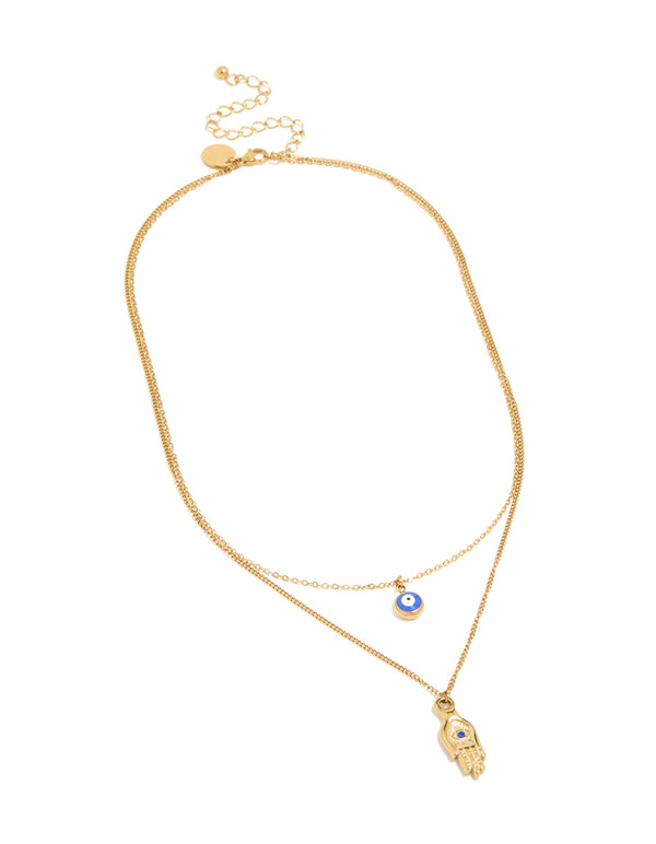 Showcasing waterproof layered necklace with hamsa hand and evil eye in gold plated stainless steel front view