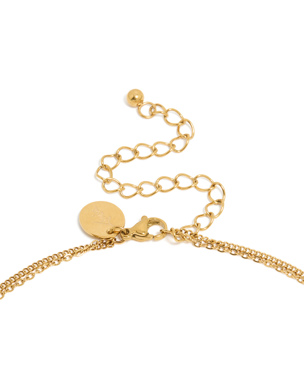 This waterproof layered necklace features hamsa hand and evil eye in gold plated stainless steel clasp detail view