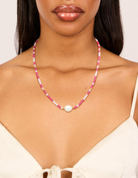 Waterproof Gold Plated Stainless Steel Pink Face Beaded &  Pearl Necklace - link has visual effect only