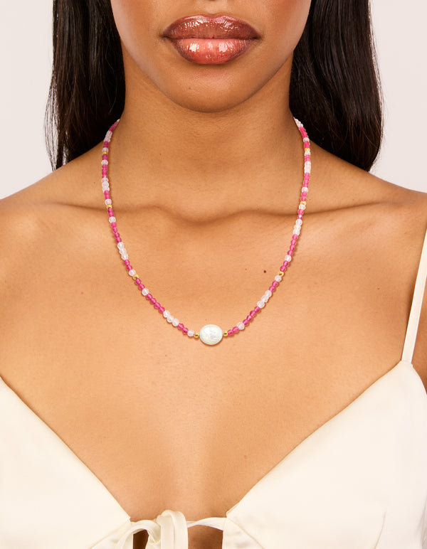 Waterproof Gold Plated Stainless Steel Pink Face Beaded &  Pearl Necklace