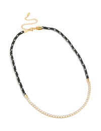 Waterproof Gold Plated Stainless Steel Half Tennis & Half Black Cord Necklace - link has visual effect only