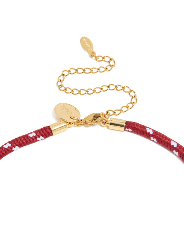 Waterproof Gold Plated Stainless Steel  Half Tennis & Half Burgundy Cord Necklace