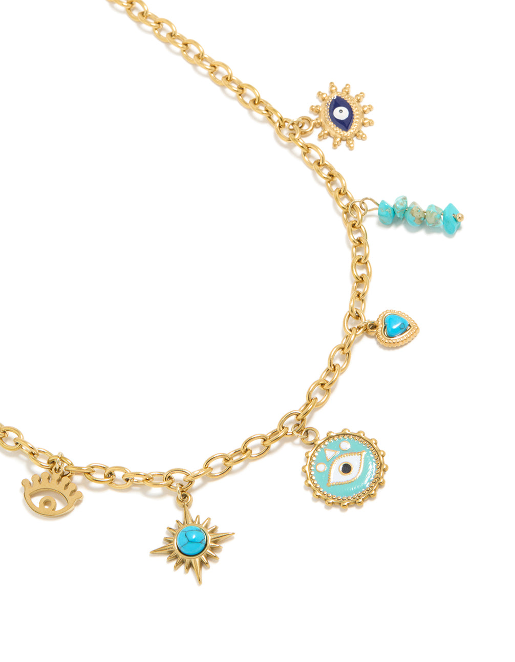 Waterproof Gold Plated Stainless Steel Evil Eye & Turquoise Semi Precious Stone Charm Necklace