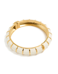 Showcasing a waterproof ribbed bangle crafted from gold plated stainless steel with white enamel front view - link has visual effect only