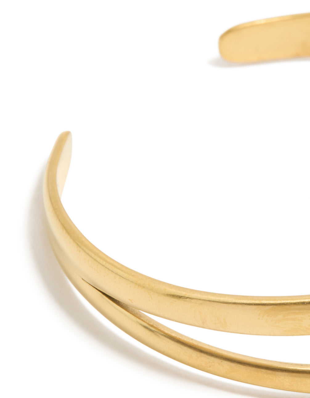 Crafted from waterproof gold plated stainless steel split double layered wrist cuff bracelet in gold closure detail view