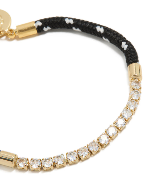 Waterproof Gold Plated Stainless Steel Half Tennis & Half Black Cord Bracelet