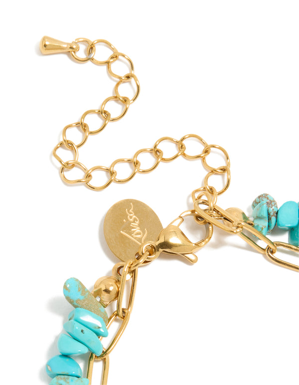 Waterproof Gold Plated Stainless Steel Coin  & Turquoise Semi Precious Stone Chip Bracelets 2-Pack