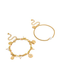 Discover waterproof gold plated stainless steel freshwater pearl and multicoloured cord charm bracelets featuring celestial sun, shell, coin, rose quartz, and beads in a 2-pack front view - link has visual effect only