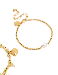 Designed with waterproof gold plated stainless steel freshwater pearl and multicoloured cord charm bracelets featuring celestial sun, shell, coin, rose quartz, and beads in a 2-pack closure detail view - link has visual effect only