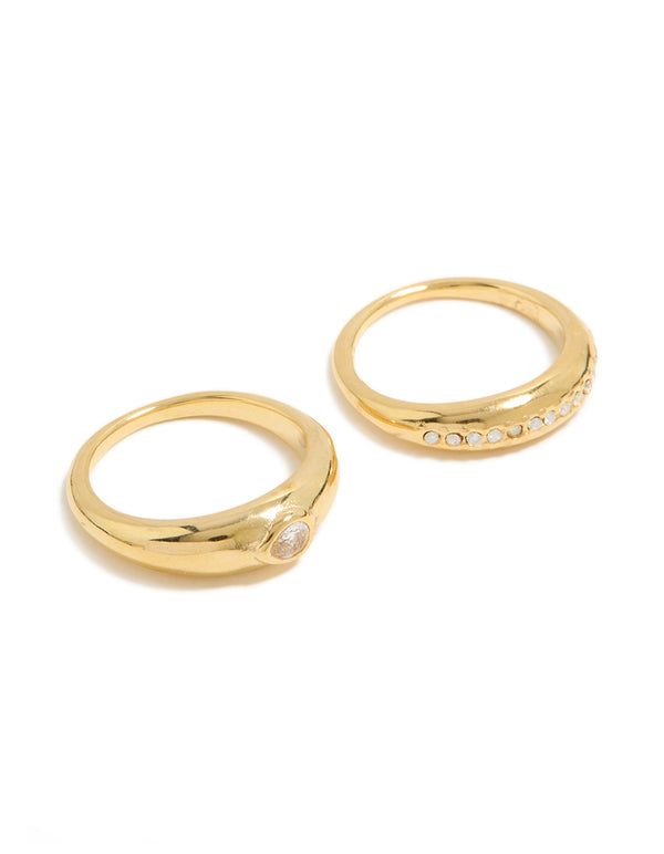 Featuring waterproof gold plated stainless steel bezel cubic zirconia rings in a 2-pack with crystal statement design front view