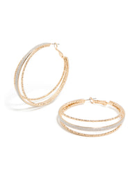 Featuring textured split glitter hoop earrings in gold with statement style front view - link has visual effect only