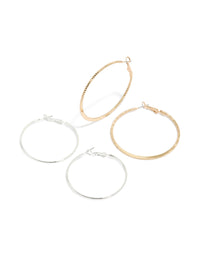 Showcasing mixed metal plain and textured hoop earrings in a 2-pack featuring gold and silver hoop closure front view - link has visual effect only