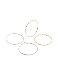 Stylish mixed metal textured hoop earrings 2-pack in gold and silver front view - link has visual effect only