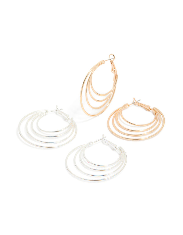 Showcasing mixed metal multiple circle hoop earrings in a 2-pack with gold and silver tones front view