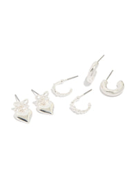 Shop this chunky silver bow heart bubble stud and hoop earrings 3-pack front view - link has visual effect only