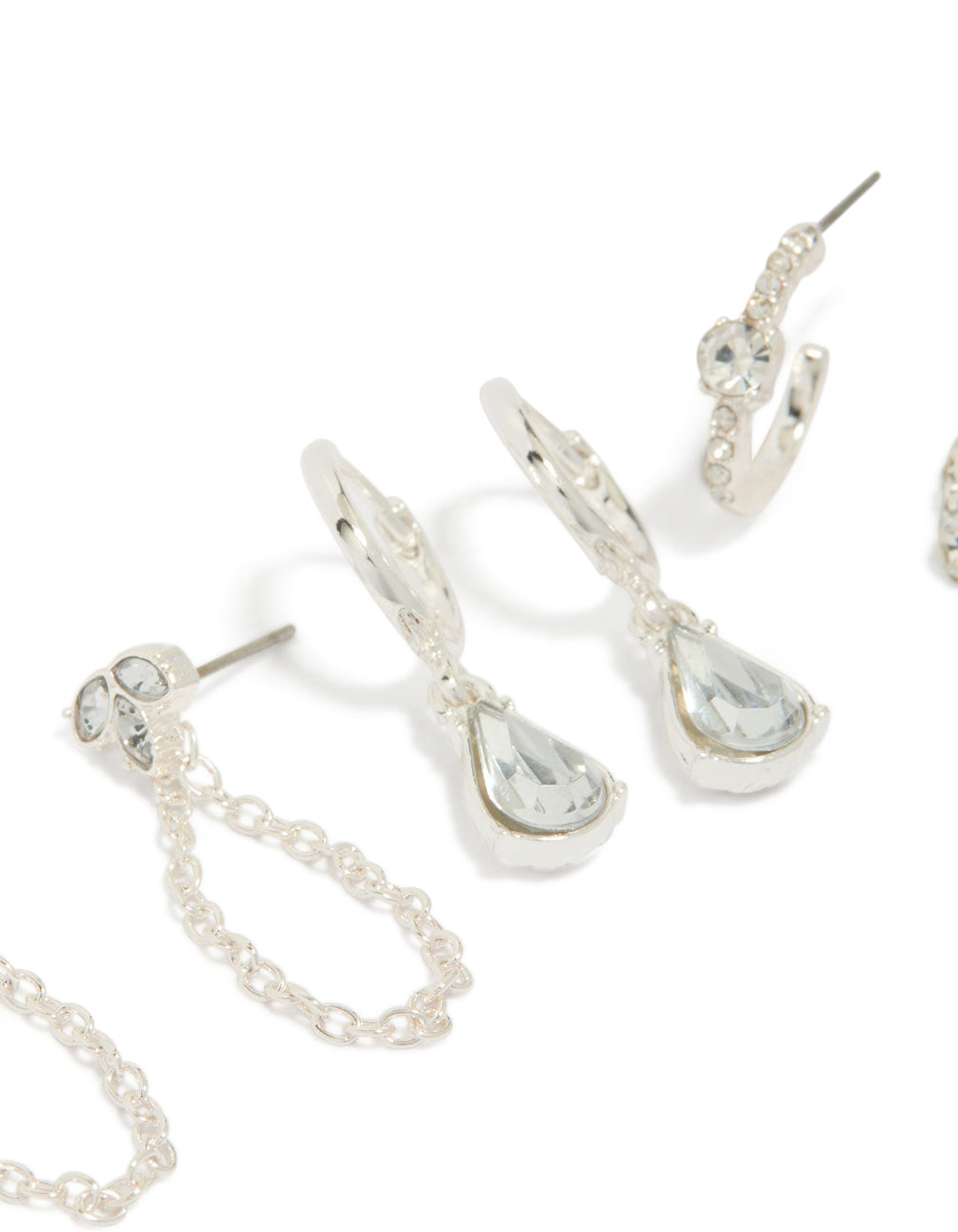 Explore this silver mixed diamante and chain earrings 3-pack with huggie and stud closures close up view
