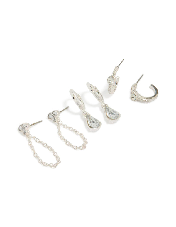 Discover this silver mixed diamante and chain earrings 3-pack with huggie and stud closures front view