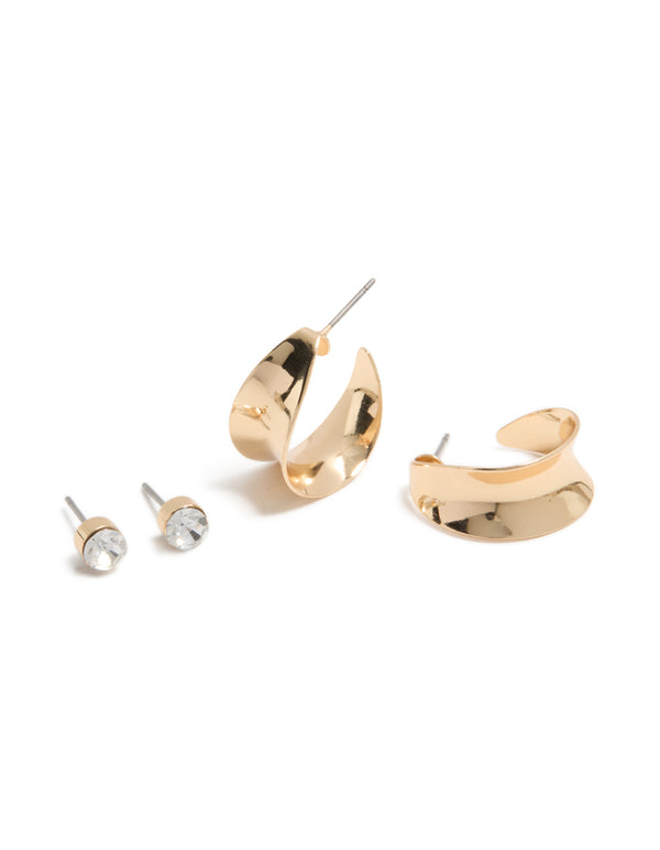 Discover this wide hoop and diamante stud earrings 2-pack in gold with statement style front view