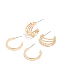 Showcasing gold plain and split open hoop earrings in a 2-pack front view - link has visual effect only