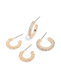 Showcasing gold twisted and diamante hoop earrings in a 2-pack with front view - link has visual effect only
