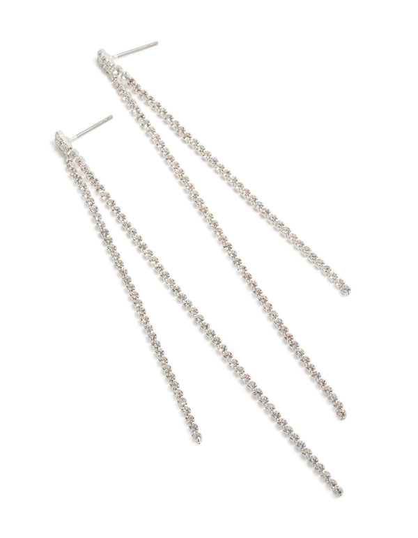 Stunning silver diamante dangle drop earrings with white accents front view