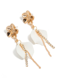 Stunning gold diamante flower and white flat disc drop earrings featuring charm design front view - link has visual effect only