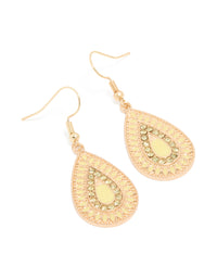 Showcasing gold diamante teardrop filigree drop earrings in statement style front view - link has visual effect only