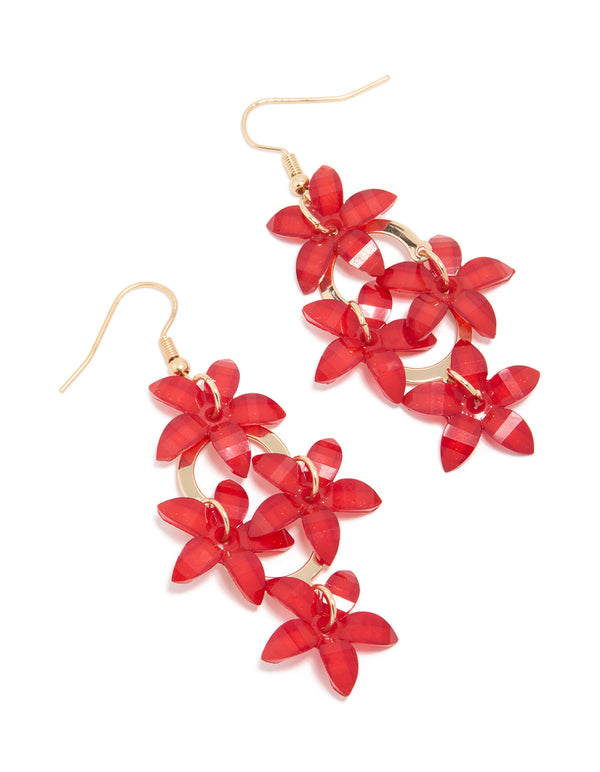 Showcasing gold red four flower drop earrings featuring floral in statement style front view