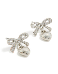 Elegant stud earrings featuring a bow and heart charm design in silver, front view - link has visual effect only