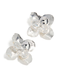 Introducing silver diamante textured stud earrings featuring floral design front view - link has visual effect only