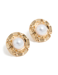 Gold Textured Outer Pearl Stud Earrings - link has visual effect only