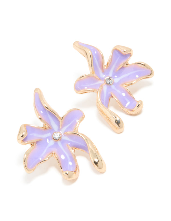 Showcasing floral stud earrings with enamel material in lavender and gold tones featuring white polka dot pattern front view