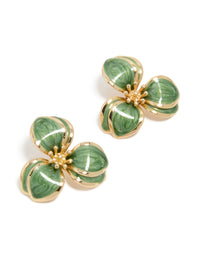 Elegantly crafted gold green three petal flower stud earrings featuring floral with stud closure front view - link has visual effect only
